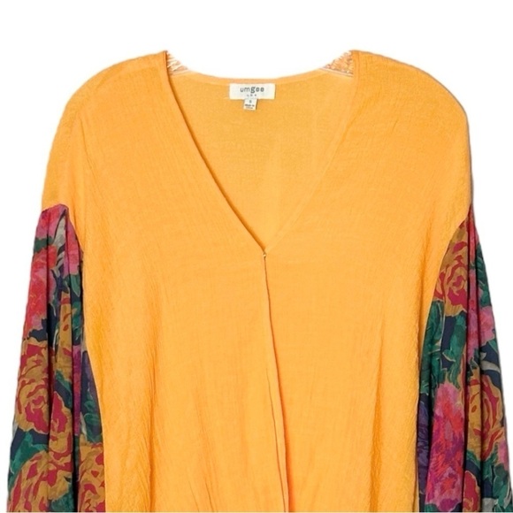 Umgee Blouse Size S Orange Multicolor Floral Ballon Sleeve Oversized Boho - Picture 4 of 10